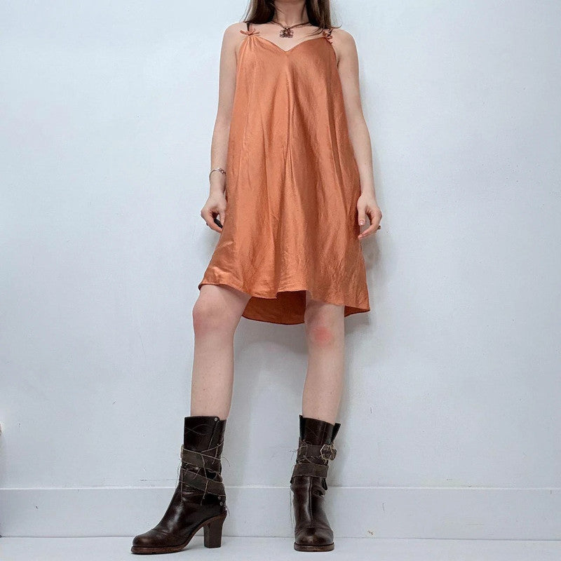 tan flared silk mini cami slip dress