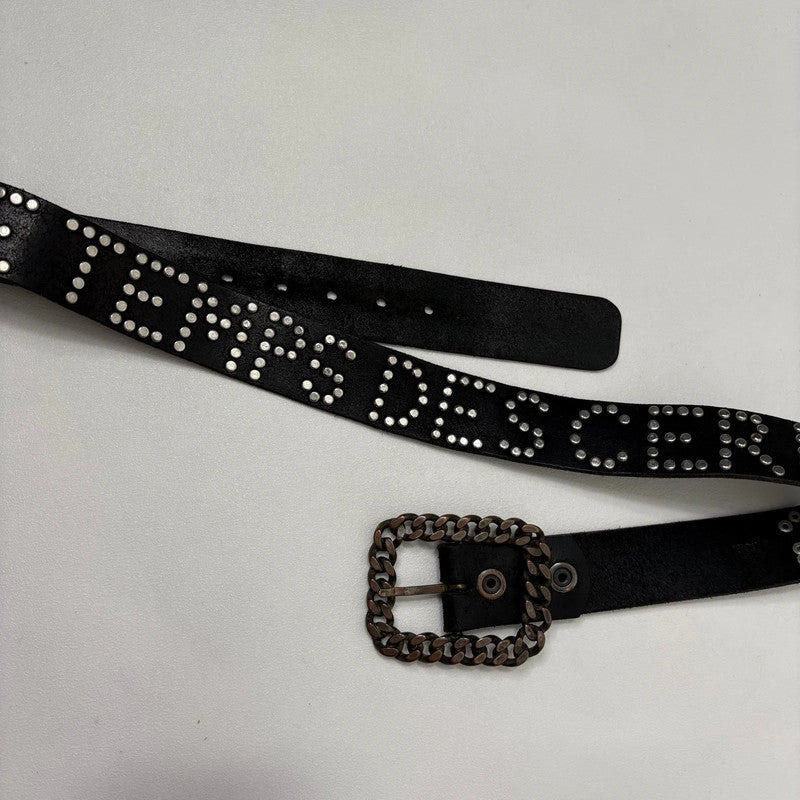 black leather studded spellout belt