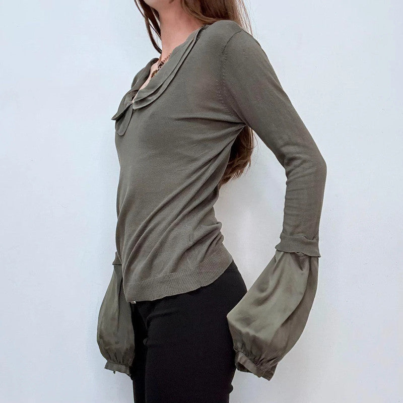 khaki flared puff silk sleeve shirt