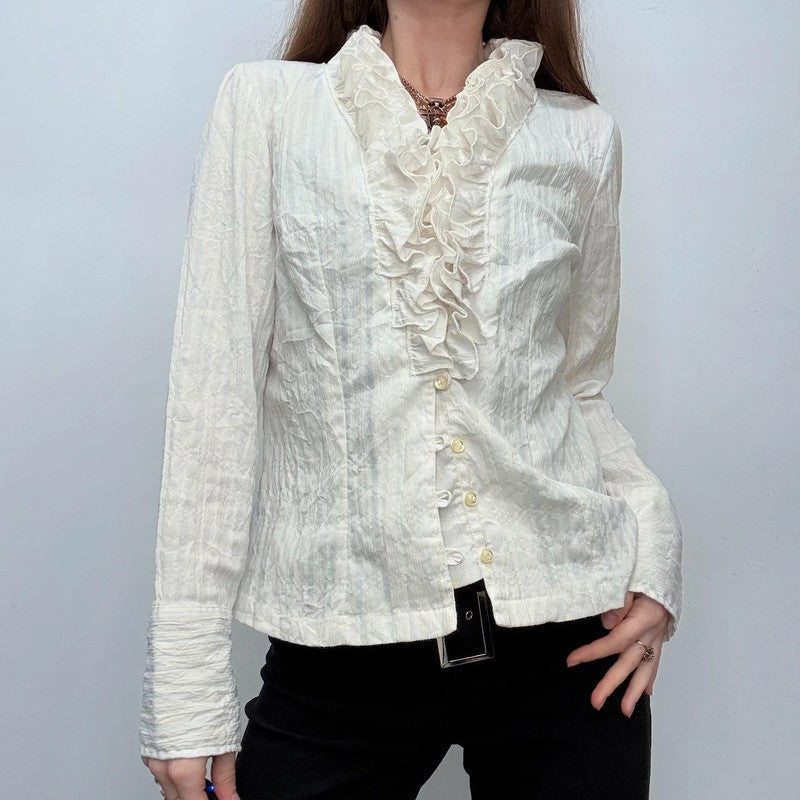 white pinstripe ruffle shirt