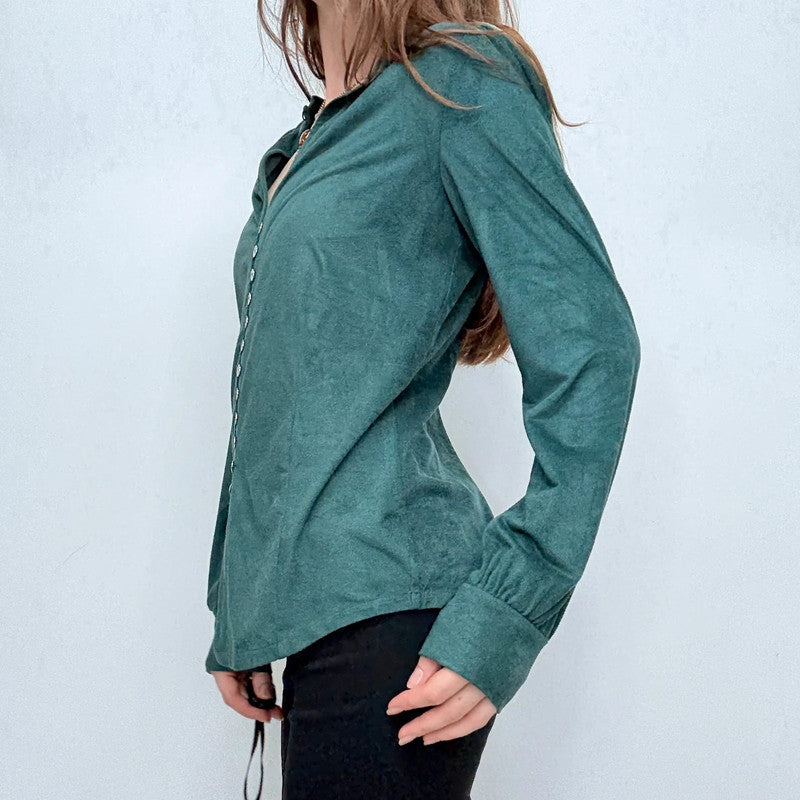 green fitted button flared shirt