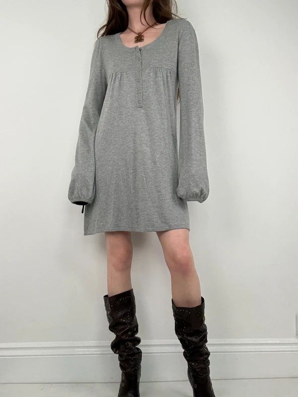 slouchy grey knit long sleeve mini dress