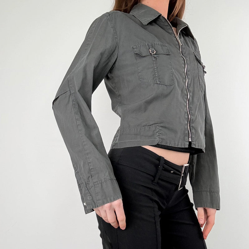 khaki zip through cropped utility jacket