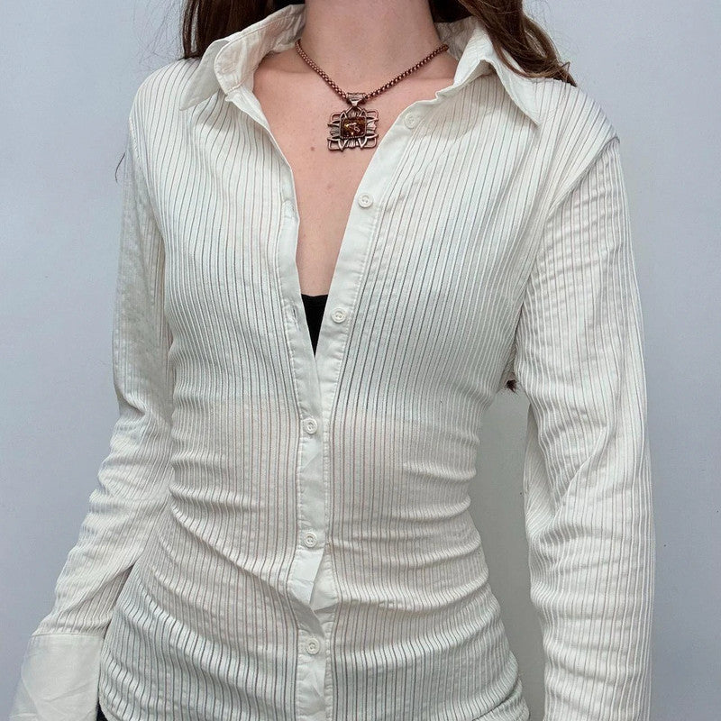 white pinstriped fitted stretch shirt