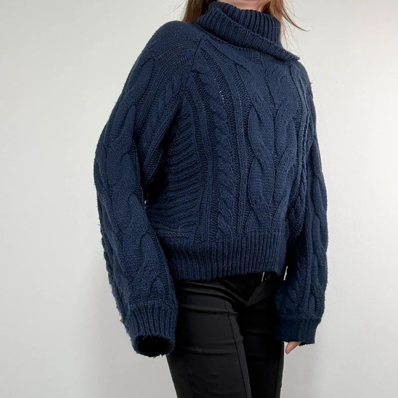 navy chunky cable knit turtle neck jumper