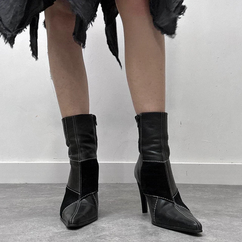patchwork black suede heel boots