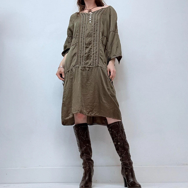 khaki silk lace boho dress