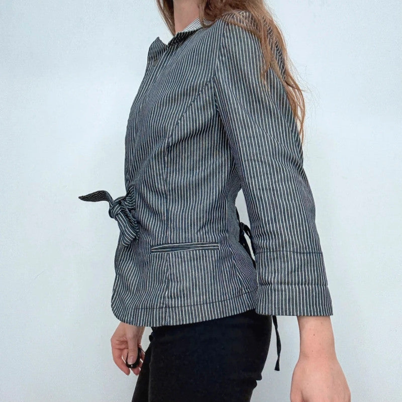 pinstripe morgan high neck popper jacket