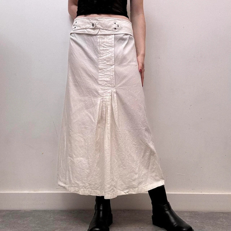 pleated white linen midi skirt