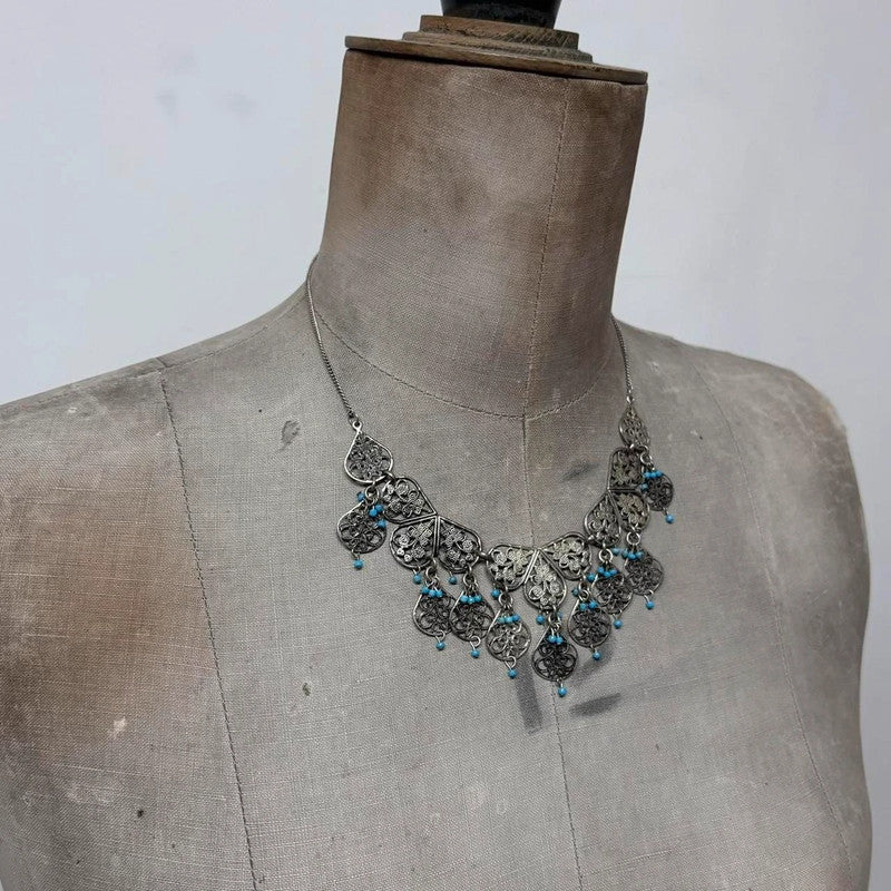 silver boho wire flower necklace