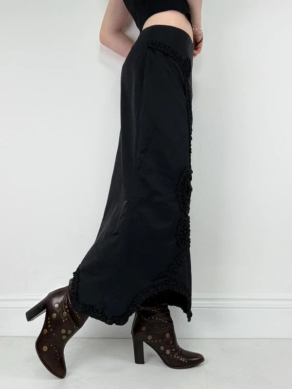 asymmetric black pleated gathered ribbon maxi skirt