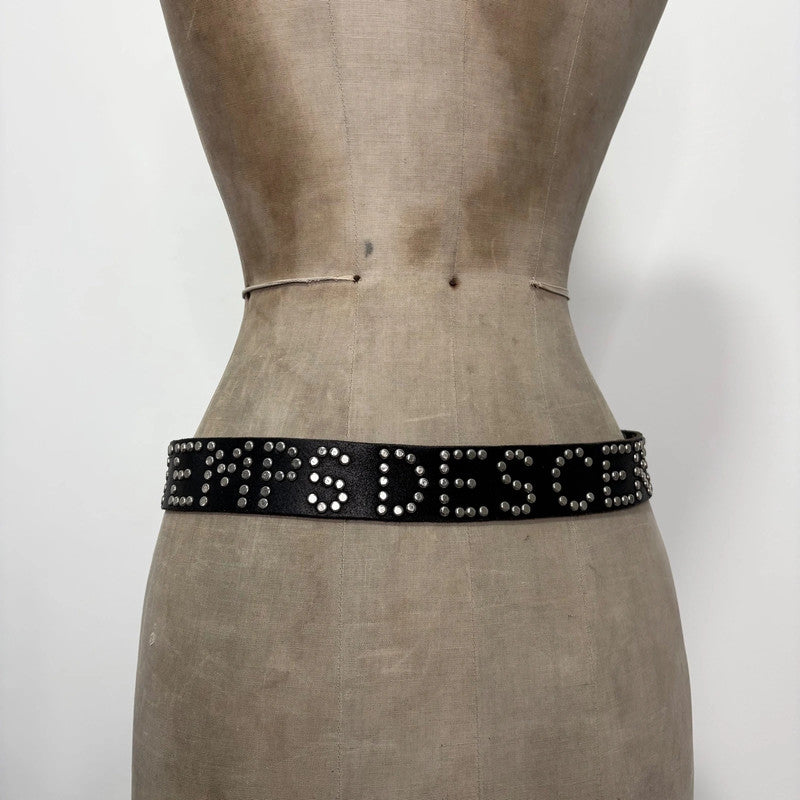 black leather studded spellout belt