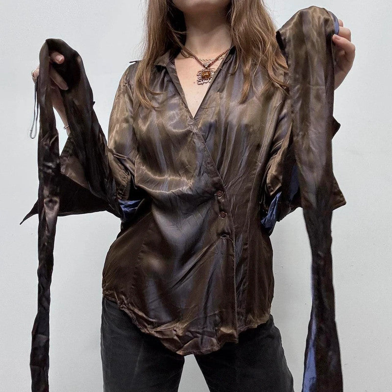 two tone brown silky wrap shirt