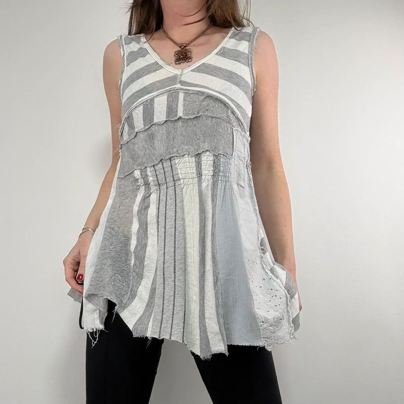 grey striped patchwork asymmetric vest