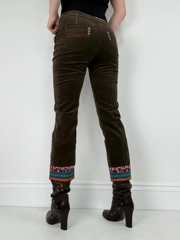 khaki corduroy embroidered hippy capri trousers