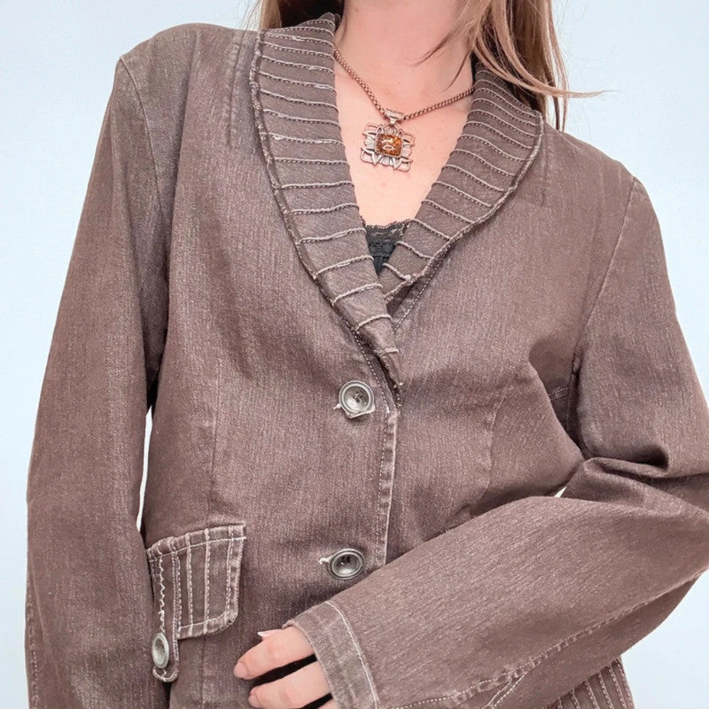 brown flared distressed pinstriped stitched jacket