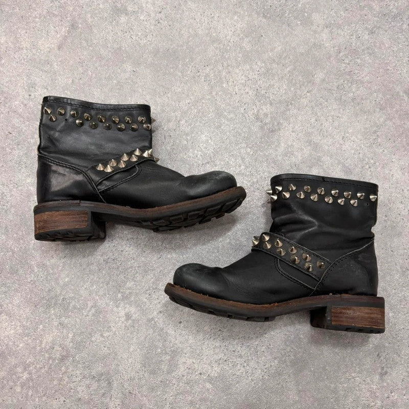black leather punk studded boots