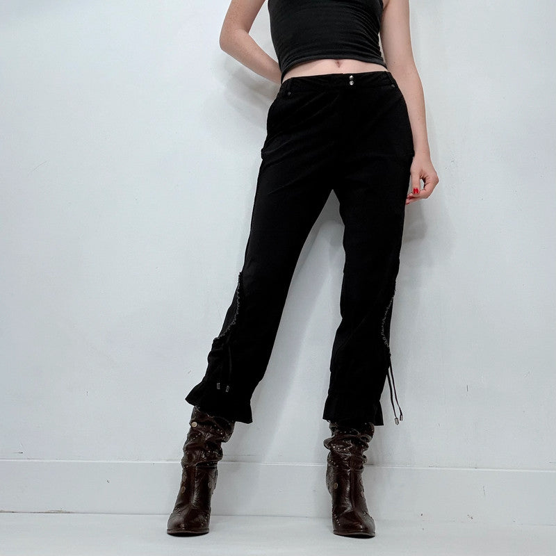 black grunge gothic cinched style ruffle capri pants