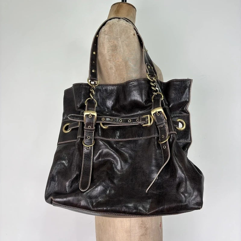 Chunky brown buckle chain shoulder bag