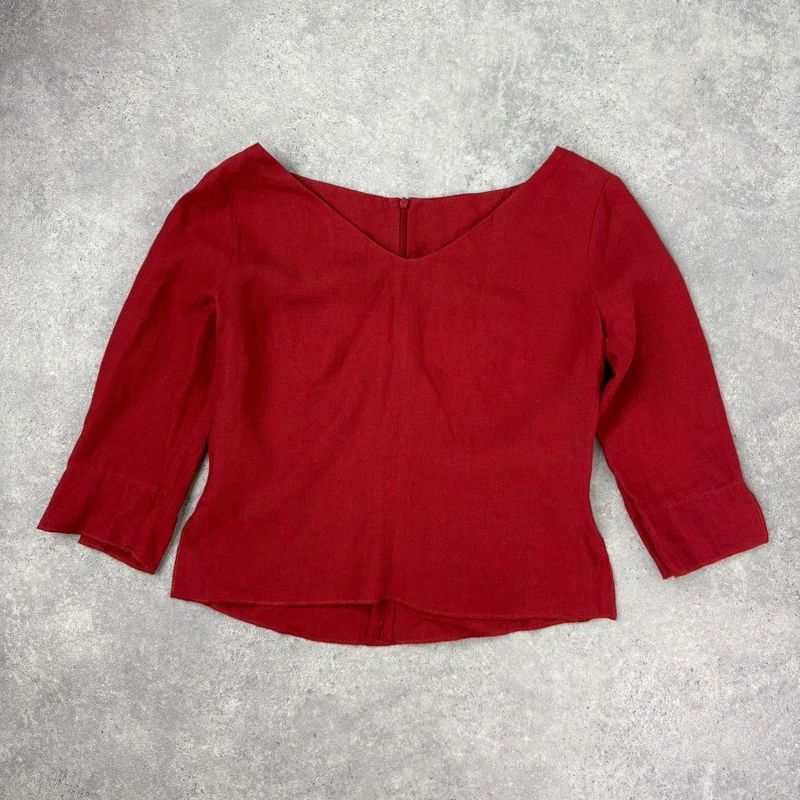 red linen flared fitted slit blouse top