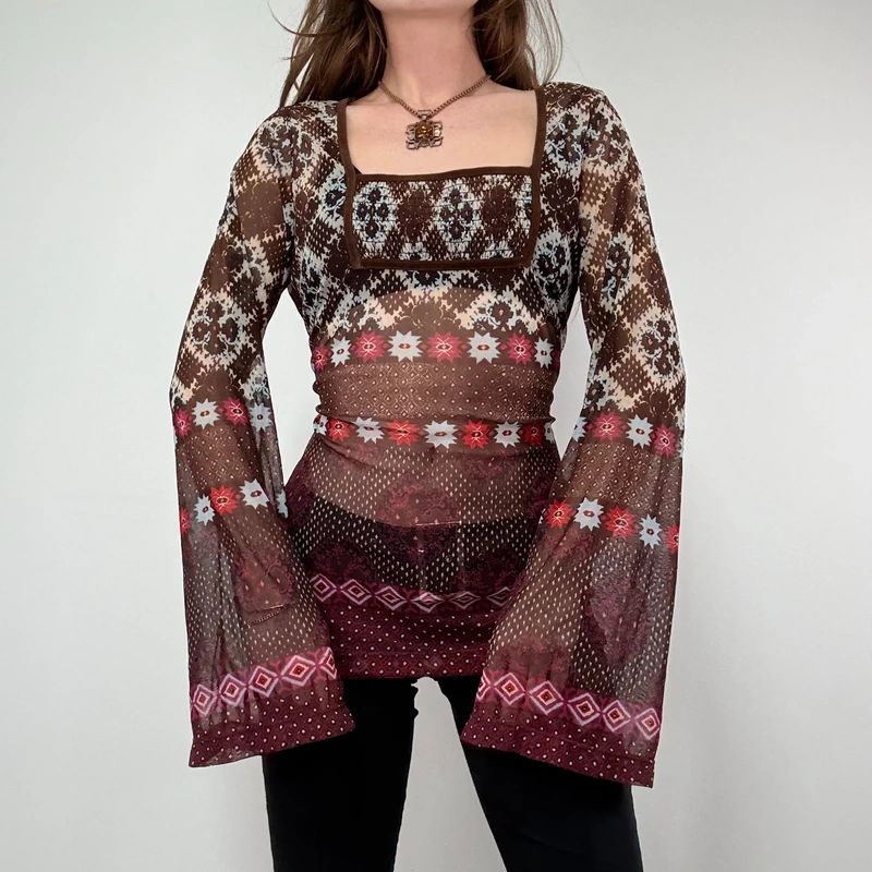 graphic printed boho western flared mesh shirt