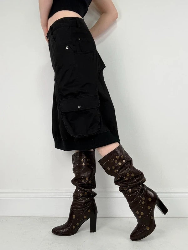 black layered utility midi skirt