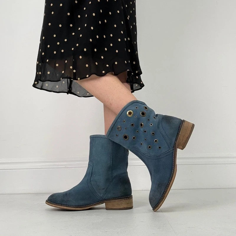 Blue suede studded eyelet ankle boots