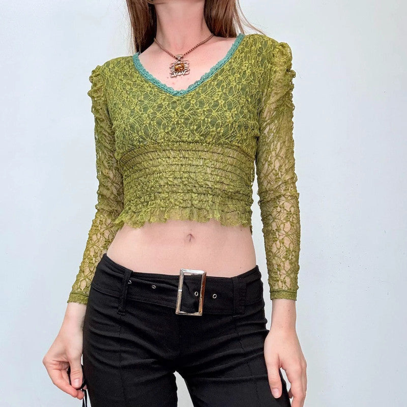 green lace cropped blouse top