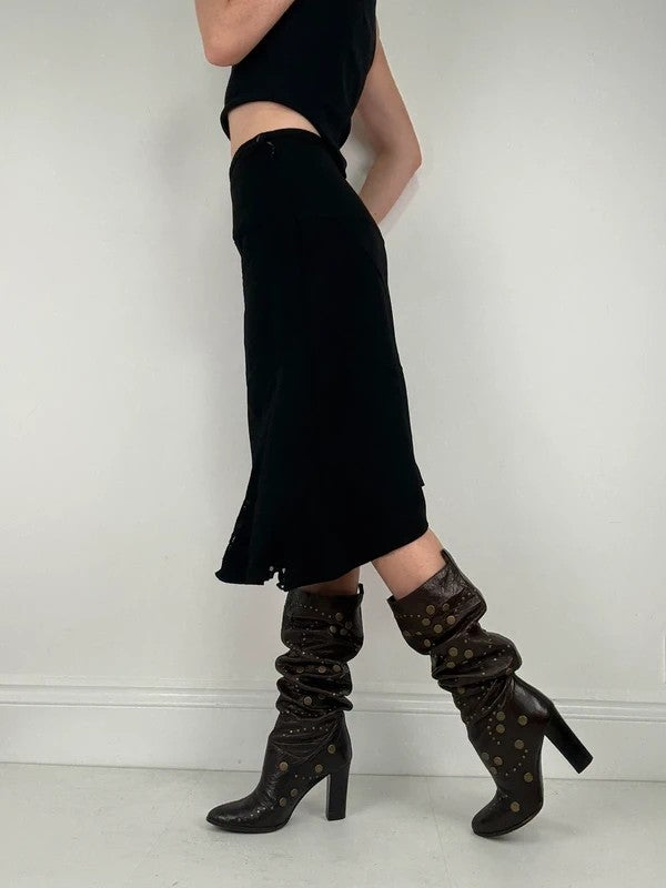 black asymmetric lace panelled midi skirt