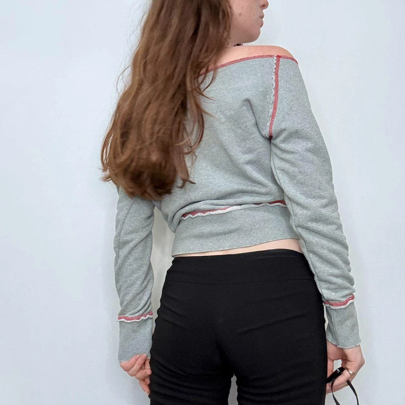 grey off the shoulder slouchy sweater
