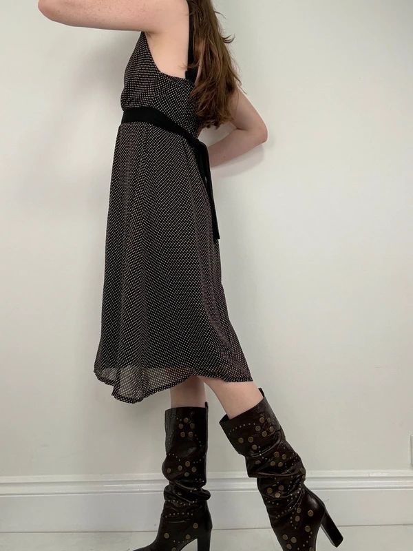 black polkadot flared midi dress