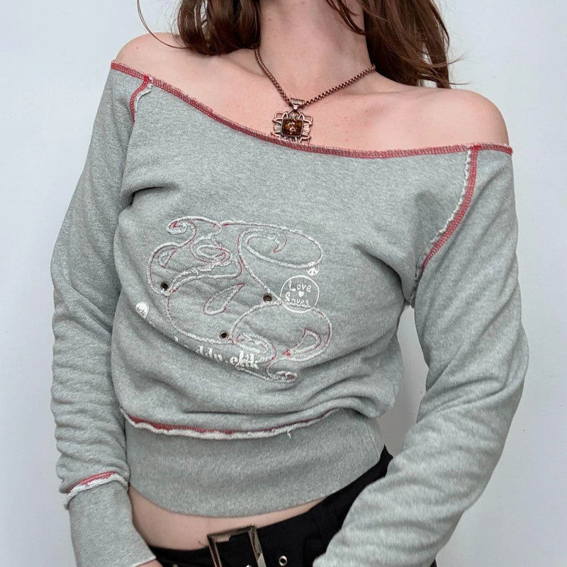 grey off the shoulder slouchy sweater