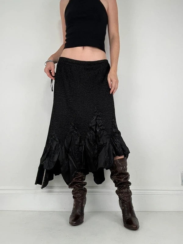 Black crinkle pleated cinched ruffle maxi skirt