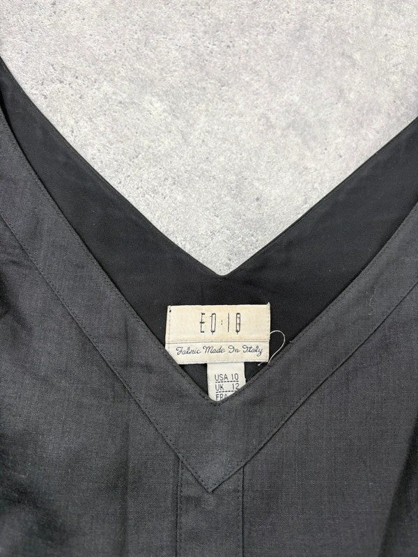 black pleated drop waist linen midi dress