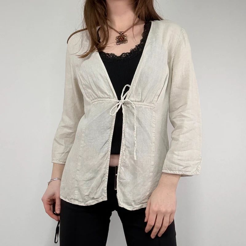cream linen flared tie up shirt