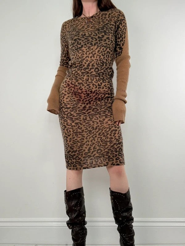 sheer knit long sleeve slouchy leopard printed dress