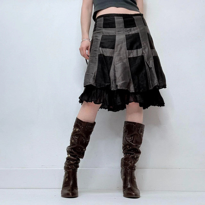 black layered flared ruffle silk skirt