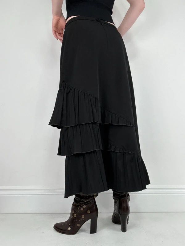 black asymmetric pleated ruffle maxi skirt