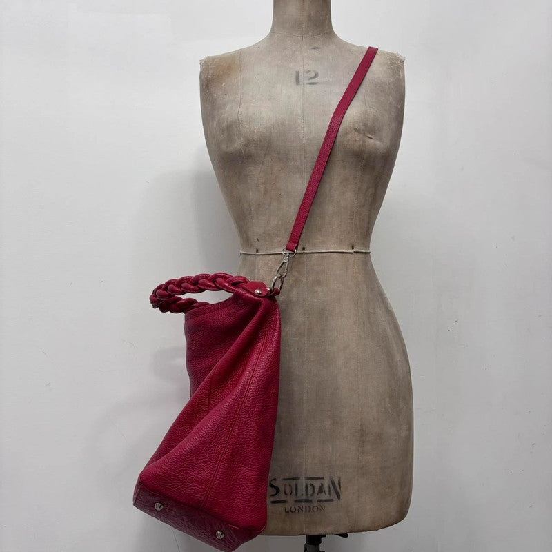 red leather slouchy woven bag
