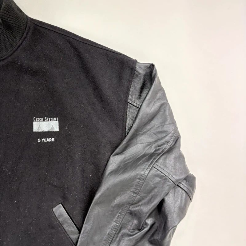 Black Leather Varsity Bomber Jacket