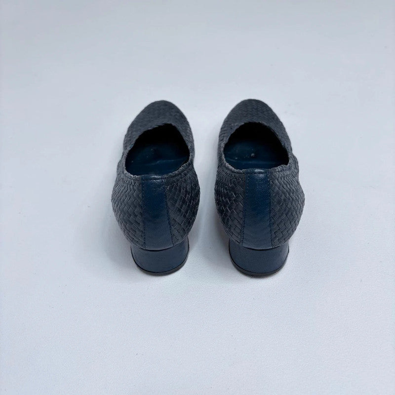 navy woven leather heel ballet pumps
