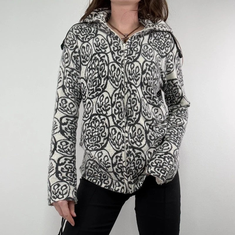 black and white slouchy patterned knit jumper, angora zip through funnel neck