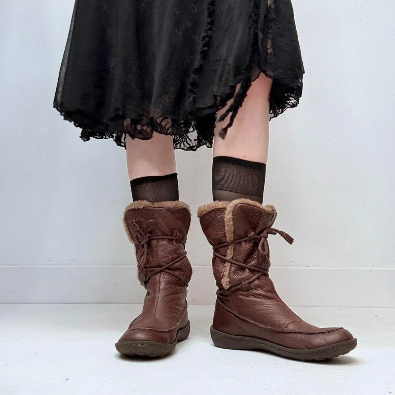 brown leather wrap faux-fur boots