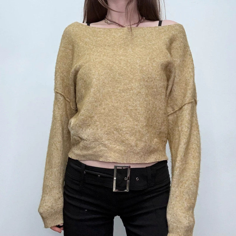 green off the shoulder slash neck wool jumper