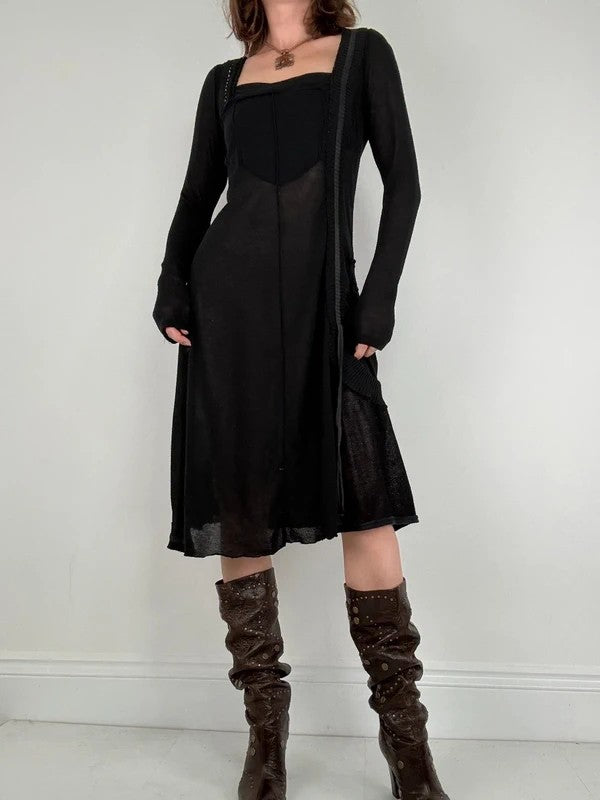 Black long sleeve french midi dress