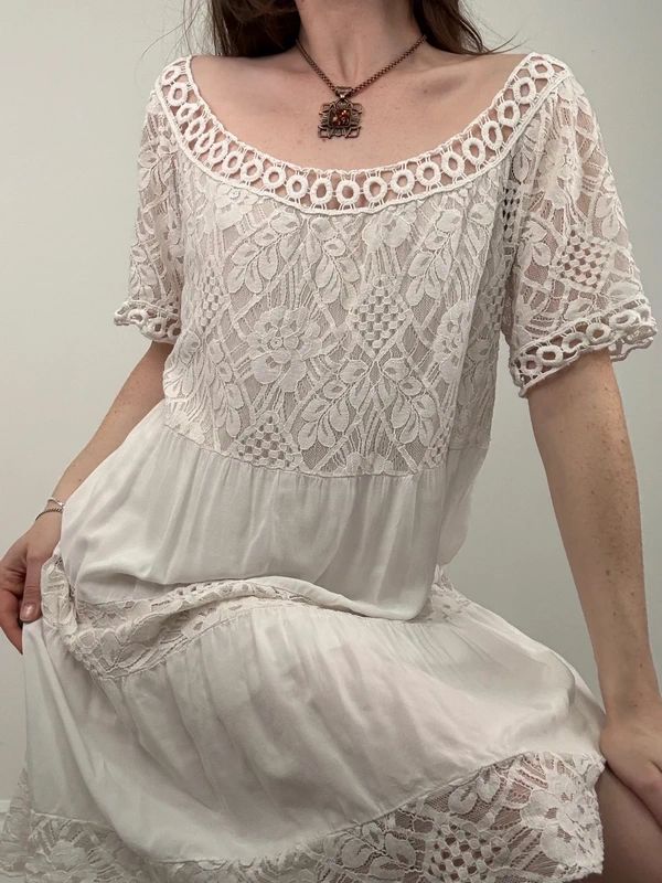 white lace layered wide neck boho dress