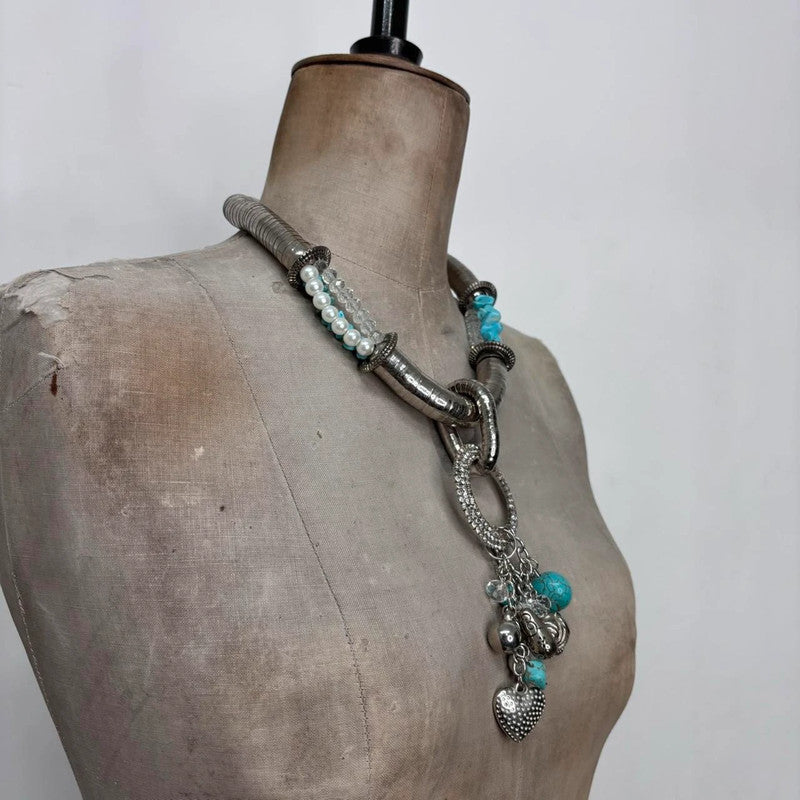 chunky oversized silver turquoise boho necklace