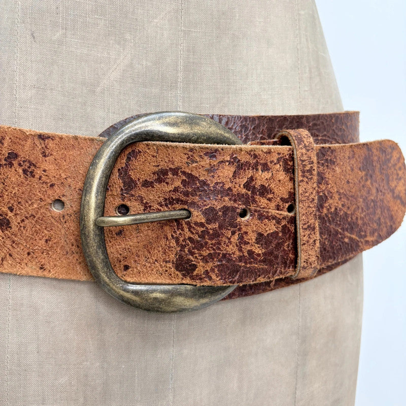 Distressed brown leather oversized thick belt