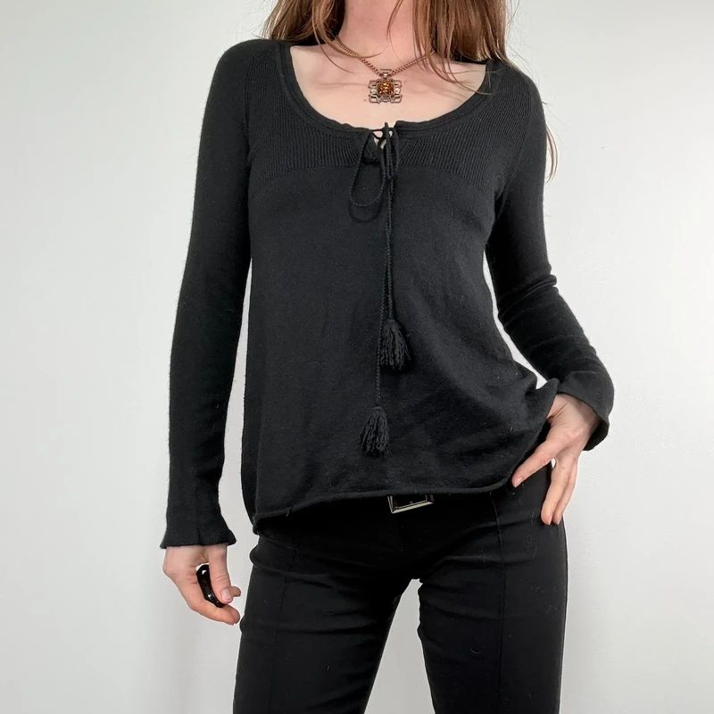 black flared cashmere silk blend long sleeve top
