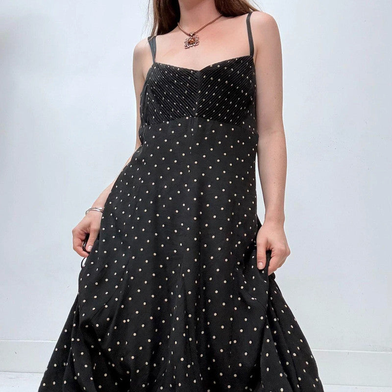 black polkadot flared flutter midi dress